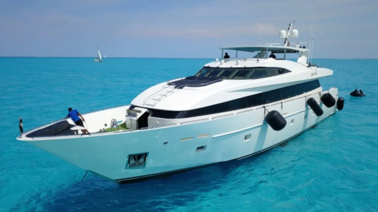 A BillsIn yacht on turquoise water near Bimini in the Bahamas
